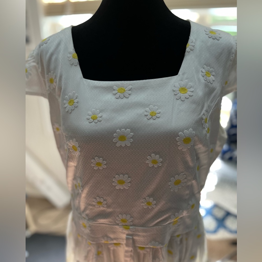 JessaKae White Square-Neck Dress with Yellow Daisy Embroidery